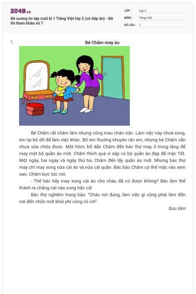 Đề cương ôn tập cuối kì 1 Tiếng Việt lớp 2 (có đáp án) - Đề thi tham khảo số 7