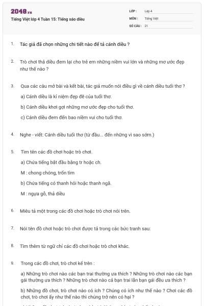 Tiếng Việt lớp 4 Tuần 15: Tiếng sáo diều