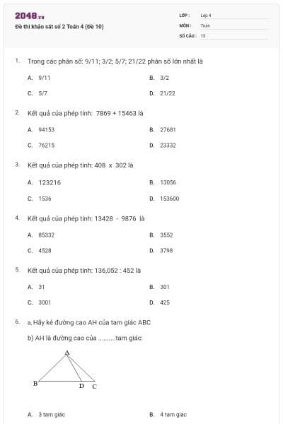 Đề thi khảo sát số 2 Toán 4 (Đề 10)
