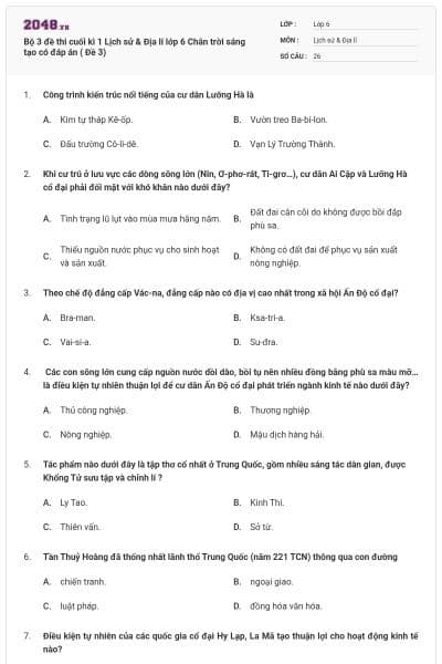 Bộ 3 đề thi cuối kì 1 Lịch sử & Địa lí lớp 6 Chân trời sáng tạo có đáp án ( Đề 3)