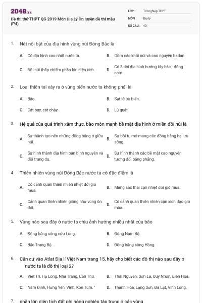 Đề thi thử THPT QG 2019 Môn Địa Lý Ôn luyện đề thi mẫu (P4)