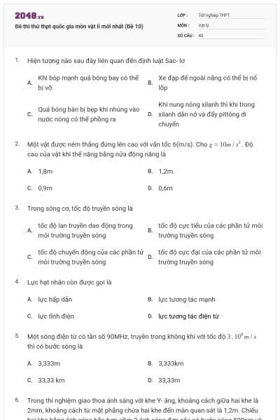 Đề thi thử thpt quốc gia môn vật lí mới nhất (Đề 10)