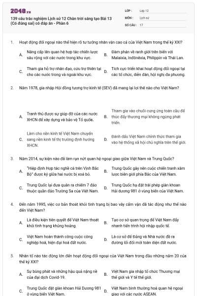 139 câu trắc nghiệm Lịch sử 12 Chân trời sáng tạo Bài 13 (Có đúng sai) có đáp án - Phần 6