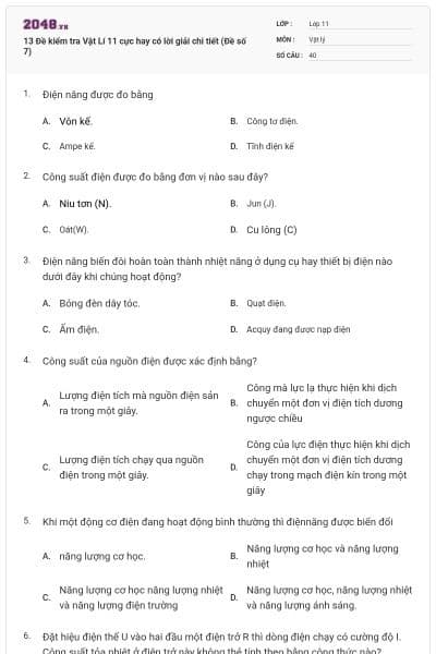 13 Đề kiểm tra Vật Lí 11 cực hay có lời giải chi tiết (Đề số 7)
