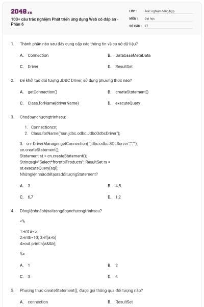 100+ câu trắc nghiệm Phát triển ứng dụng Web có đáp án - Phần 6