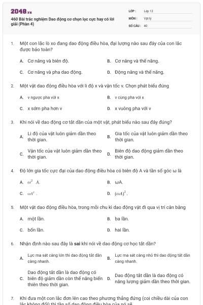 460 Bài trắc nghiệm Dao động cơ chọn lọc cực hay có lời giải (Phần 4)