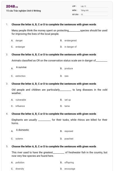 15 câu  Trắc nghiệm Unit 6 Writing