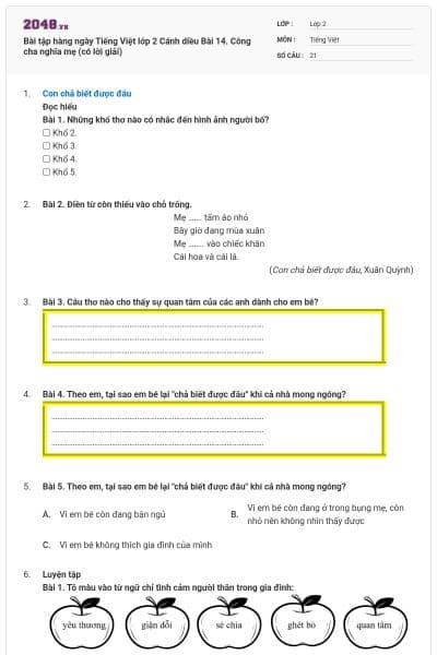 Bài tập hàng ngày Tiếng Việt lớp 2 Cánh diều Bài 14. Công cha nghĩa mẹ (có lời giải)