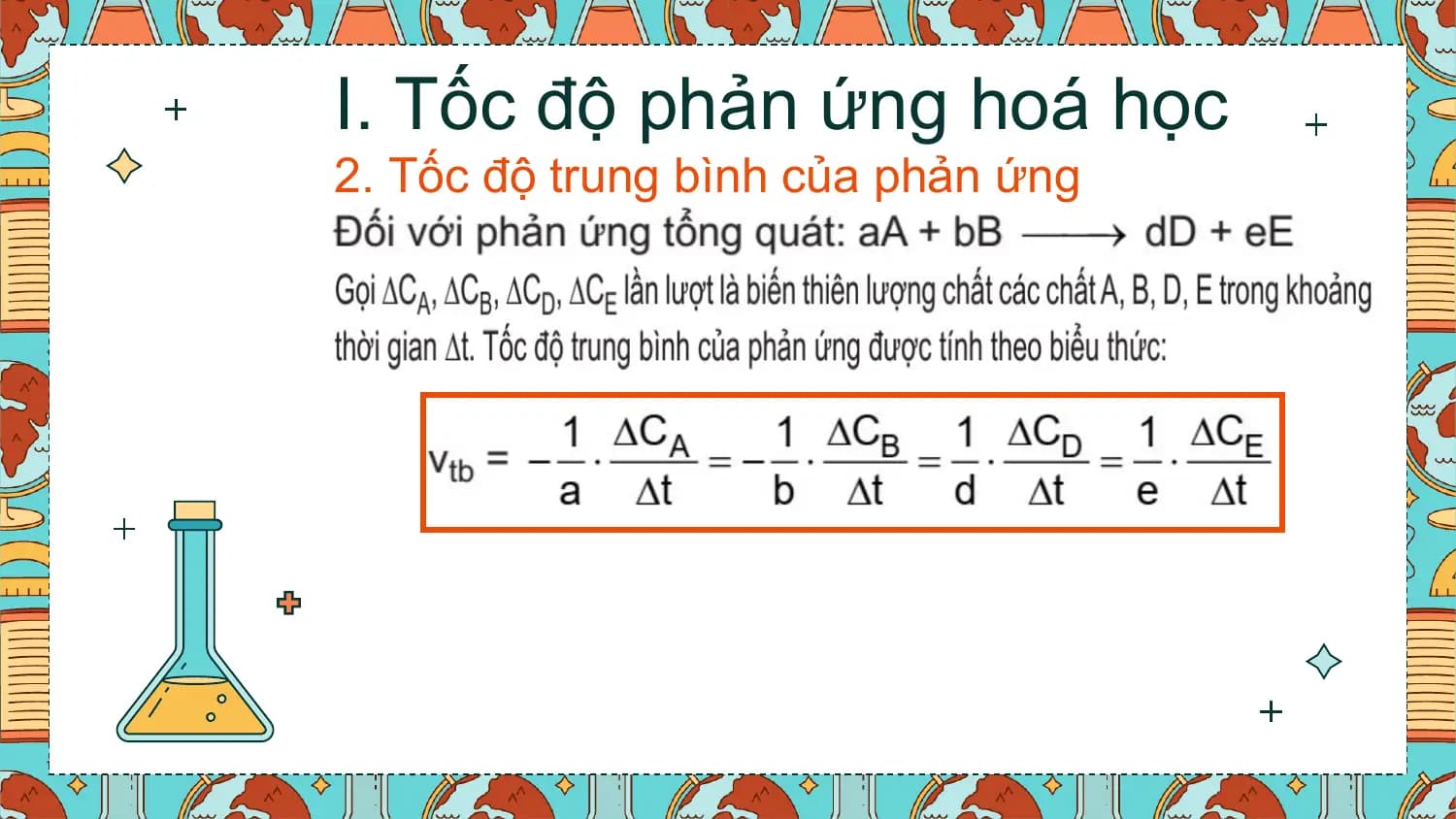 I. Tốc độ phản ứng hoá học
2. Tốc độ trung bình của phản ứng