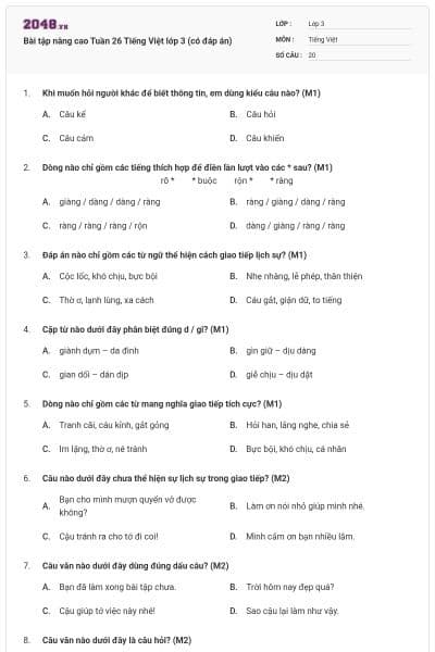 Bài tập nâng cao Tuần 26 Tiếng Việt lớp 3 (có đáp án)