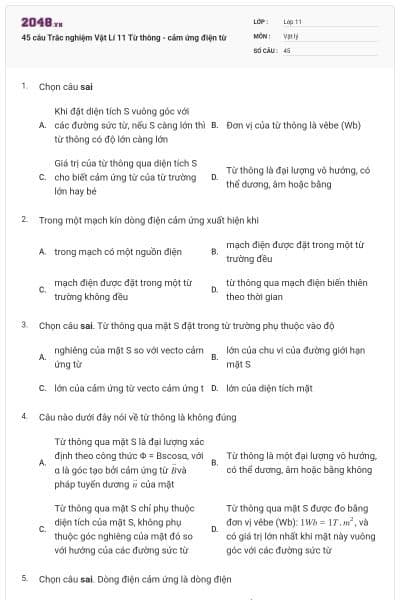 45 câu Trắc nghiệm Vật Lí 11 Từ thông - cảm ứng điện từ