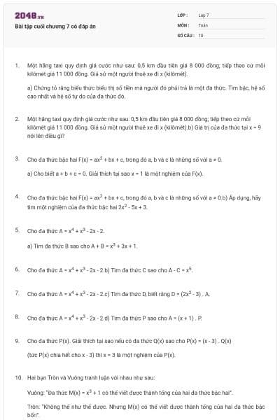Bài tập cuối chương 7 có đáp án