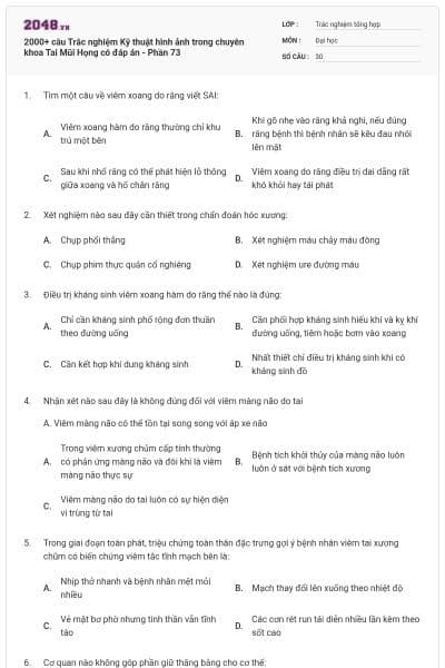 2000+ câu Trắc nghiệm Kỹ thuật hình ảnh trong chuyên khoa Tai Mũi Họng có đáp án - Phần 73