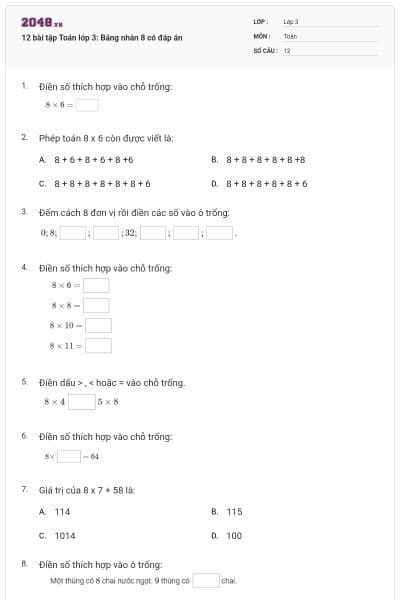12 bài tập Toán lớp 3: Bảng nhân 8 có đáp án