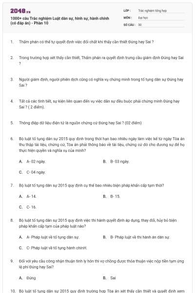 1000+ câu Trắc nghiệm Luật dân sự, hình sự, hành chính (có đáp án) - Phần 10