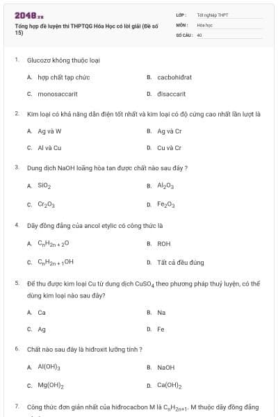 Tổng hợp đề luyện thi THPTQG Hóa Học có lời giải (Đề số 15)