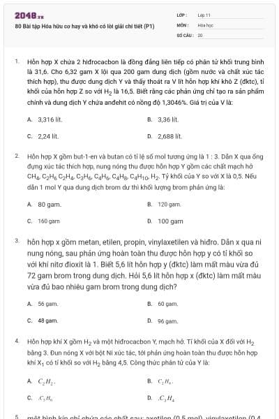 80 Bài tập Hóa hữu cơ hay và khó có lời giải chi tiết (P1)