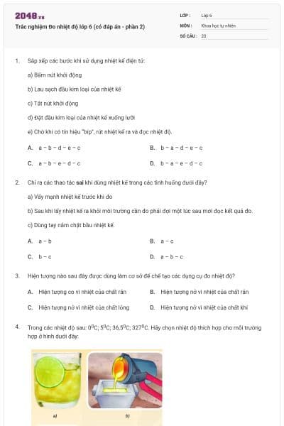Trắc nghiệm Đo nhiệt độ lớp 6 (có đáp án - phần 2)