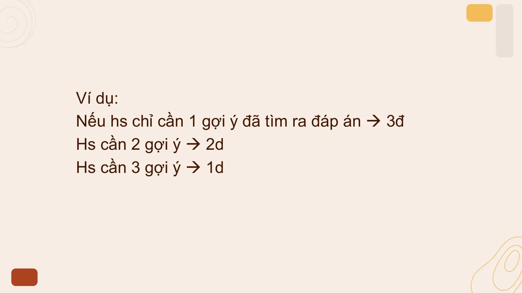 Ví dụ:
Nếu hs chỉ cần 1 gợi ý đã tìm ra đáp án  3đ
Hs cần 2 gợi ý  2d
Hs cần 3 gợi ý  1d