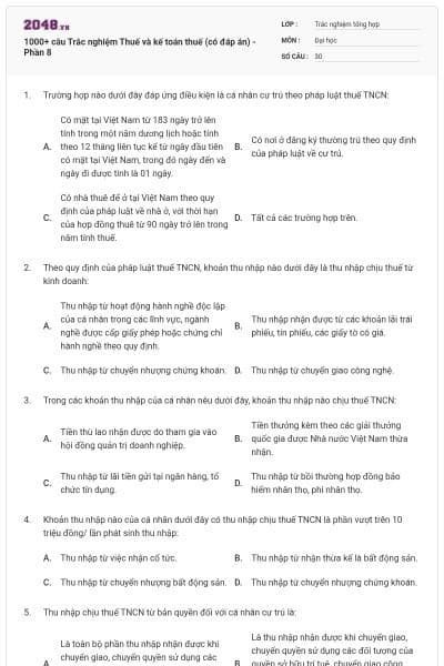 1000+ câu Trắc nghiệm Thuế và kế toán thuế (có đáp án) - Phần 8