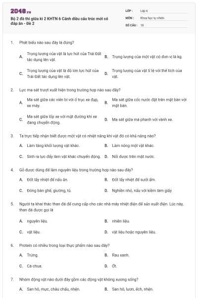 Bộ 2 đề thi giữa kì 2 KHTN 6 Cánh diều cấu trúc mới có đáp án - Đề 2