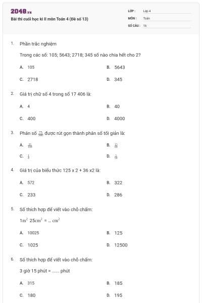 Bài thi cuối học kì II môn Toán 4 (Đề số 13)