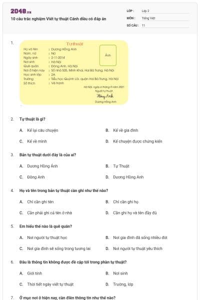 10 câu trắc nghiệm Viết tự thuật Cánh diều có đáp án