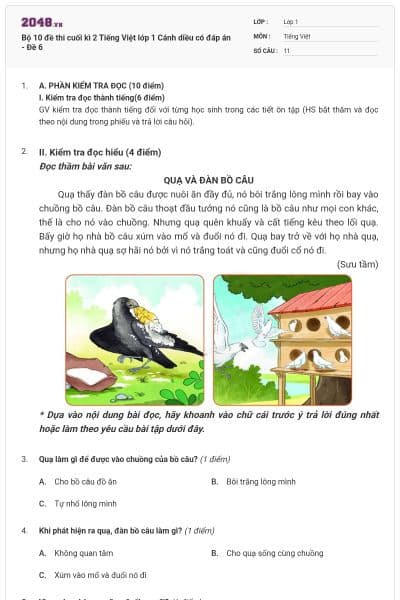 Bộ 10 đề thi cuối kì 2 Tiếng Việt lớp 1 Cánh diều có đáp án - Đề 6