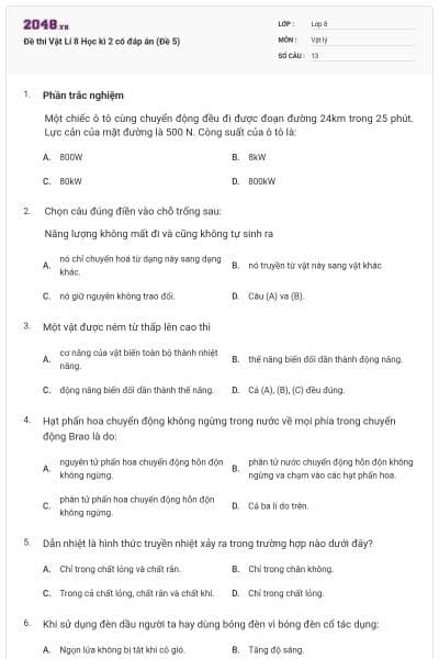 Đề thi Vật Lí 8 Học kì 2 có đáp án (Đề 5)