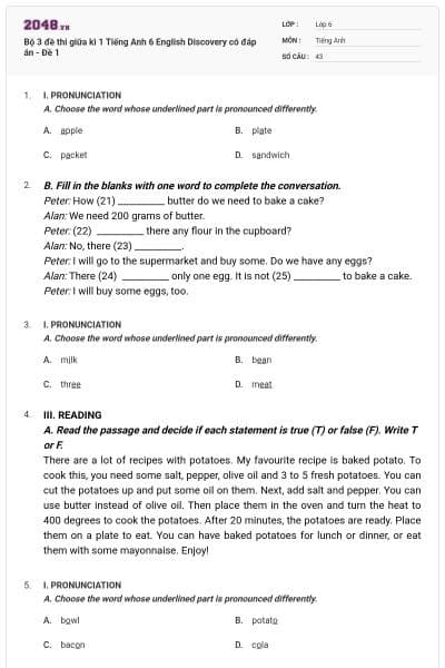 Bộ 3 đề thi giữa kì 1 Tiếng Anh 6 English Discovery có đáp án - Đề 1