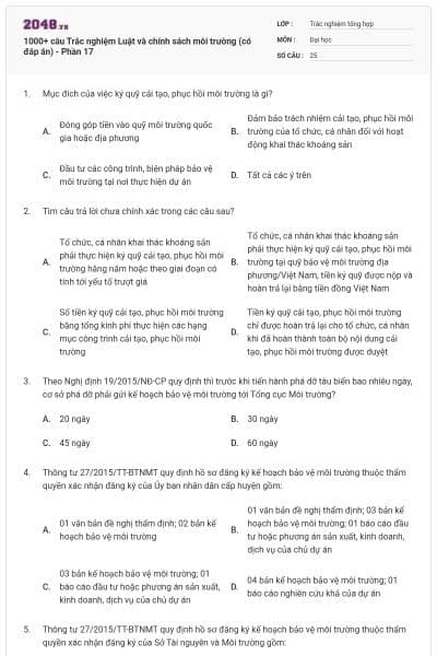 1000+ câu Trắc nghiệm Luật và chính sách môi trường (có đáp án) - Phần 17