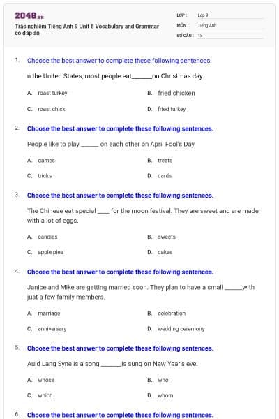 Trắc nghiệm Tiếng Anh 9 Unit 8 Vocabulary and Grammar có đáp án