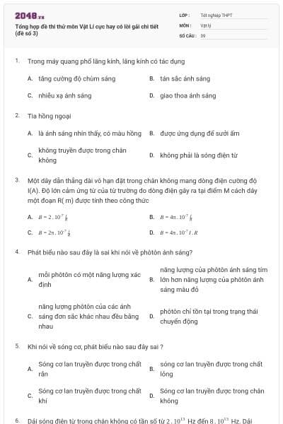 Tổng hợp đề thi thử môn Vật Lí cực hay có lời gải chi tiết (đề số 3)