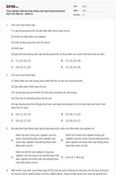 Trắc nghiệm Giải bài toán bằng cách lập hệ phương trình lớp 9 (có đáp án - phần 2)
