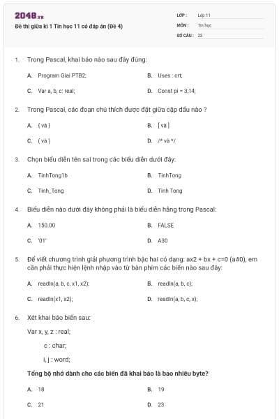 Đề thi giữa kì 1 Tin học 11 có đáp án (Đề 4)