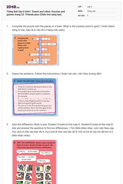 Tiếng Anh lớp 6 Unit1: Towns and cities:  Puzzles and games trang 23- Friends plus (Chân trời sáng tạo)