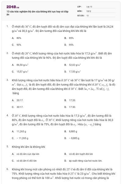 13 câu trắc nghiệm Độ ẩm của không khí cực hay có đáp án