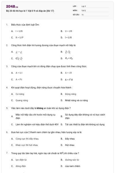 Bộ 20 đề thi học kì 1 Vật lí 9 có đáp án (Đề 17)