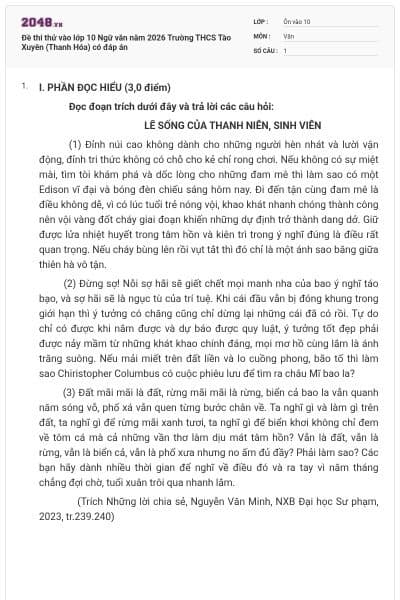 Đề thi thử vào lớp 10 Ngữ văn năm 2026 Trường THCS Tào Xuyên (Thanh Hóa) có đáp án