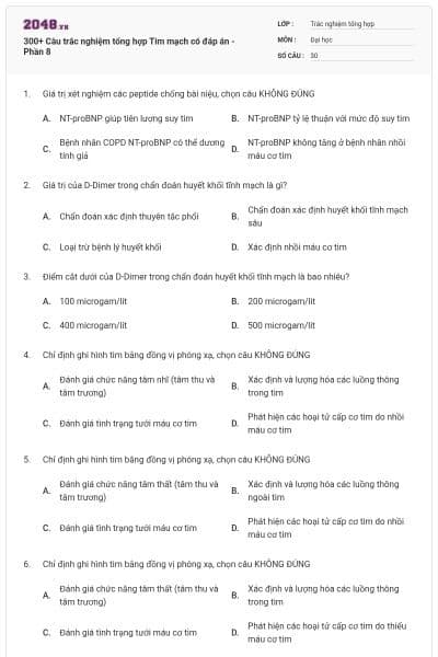300+ Câu trắc nghiệm tổng hợp Tim mạch có đáp án - Phần 8
