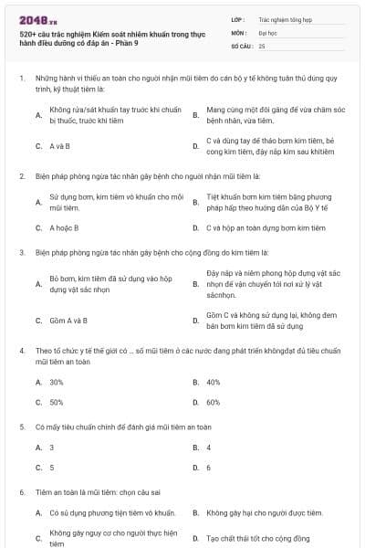 520+ câu trắc nghiệm Kiểm soát nhiễm khuẩn trong thực hành điều dưỡng có đáp án - Phần 9