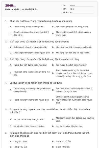 Đề ôn thi Vật Lí 11 có lời giải (Đề 6)