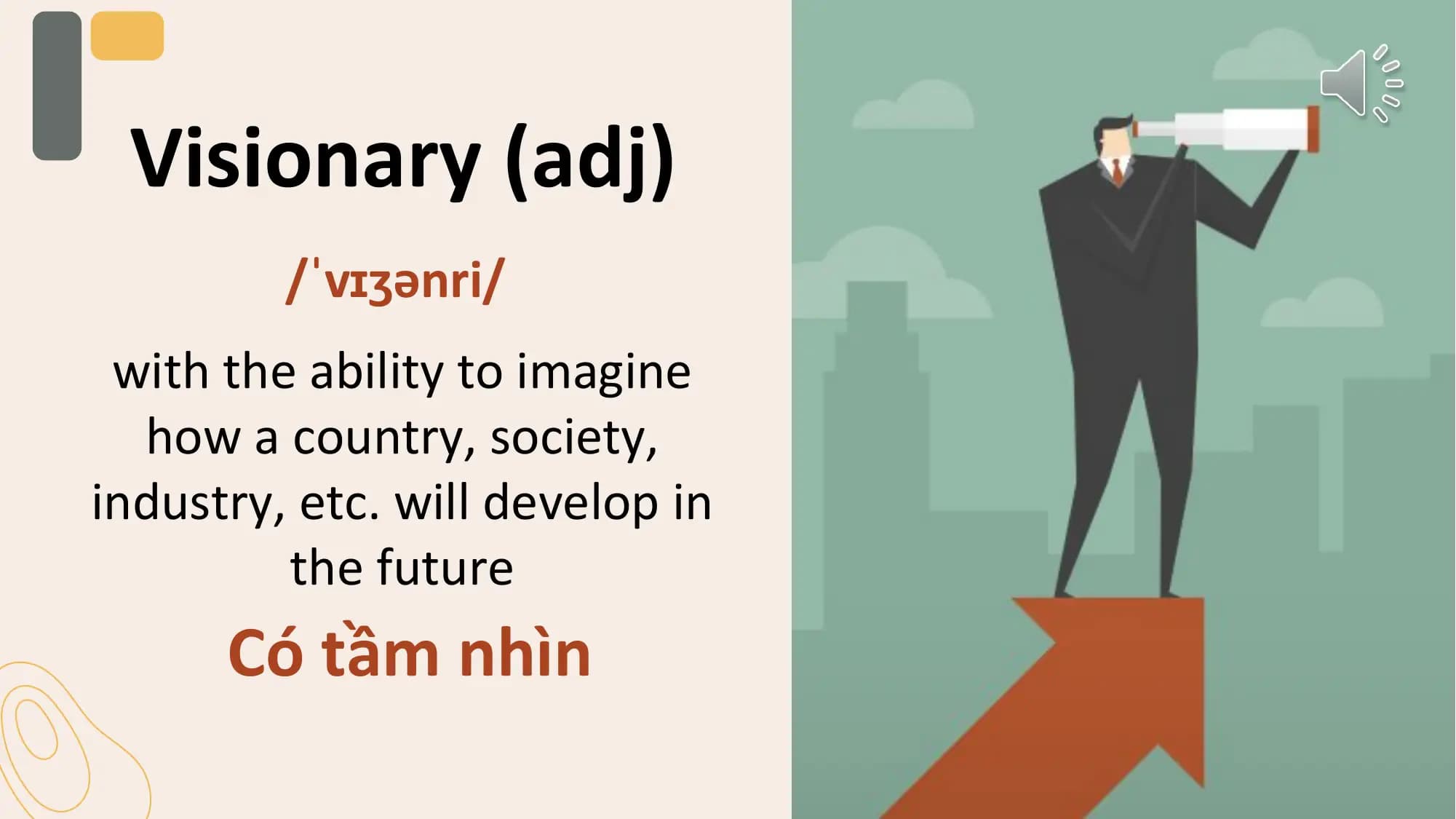 Visionary (adj)
 /ˈvɪʒənri/
 with the ability to imagine
 how a country, society,
industry, etc. will develop in
 the future
 Có tầm nhìn