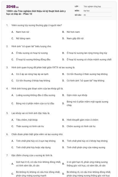 1000+ câu Trắc nghiệm Giới thiệu về kỹ thuật hình ảnh y học có đáp án - Phần 10