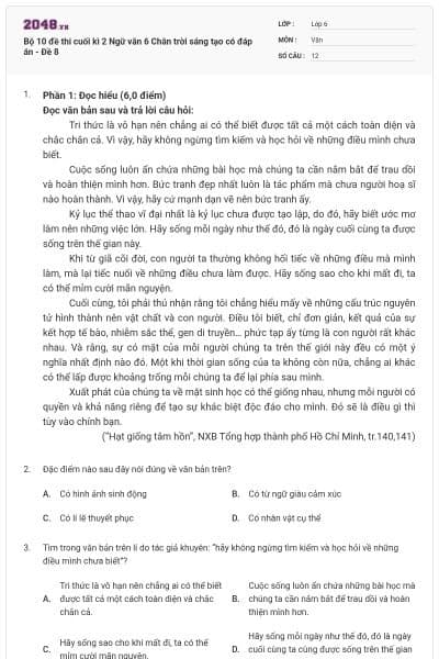 Bộ 10 đề thi cuối kì 2 Ngữ văn 6 Chân trời sáng tạo có đáp án - Đề 8