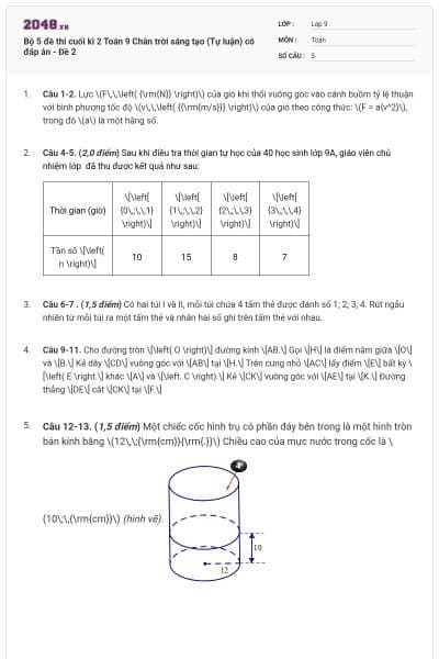 Bộ 5 đề thi cuối kì 2 Toán 9 Chân trời sáng tạo (Tự luận) có đáp án - Đề 2