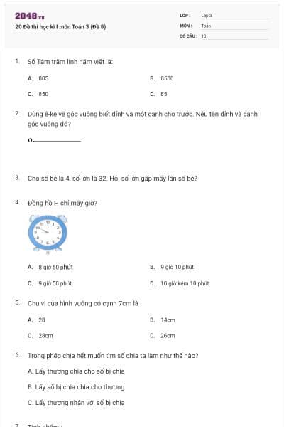 20 Đề thi học kì I môn Toán 3 (Đề 8)