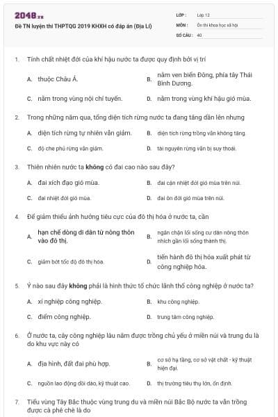 Đề TN luyện thi THPTQG 2019 KHXH có đáp án (Địa Lí)