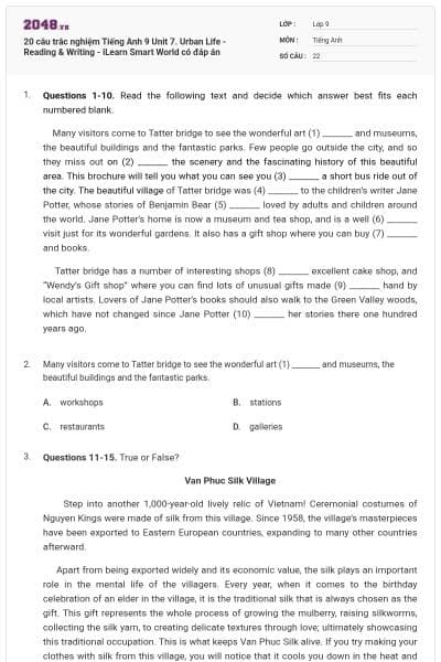 20 câu trắc nghiệm Tiếng Anh 9 Unit 7. Urban Life - Reading & Writing - iLearn Smart World có đáp án