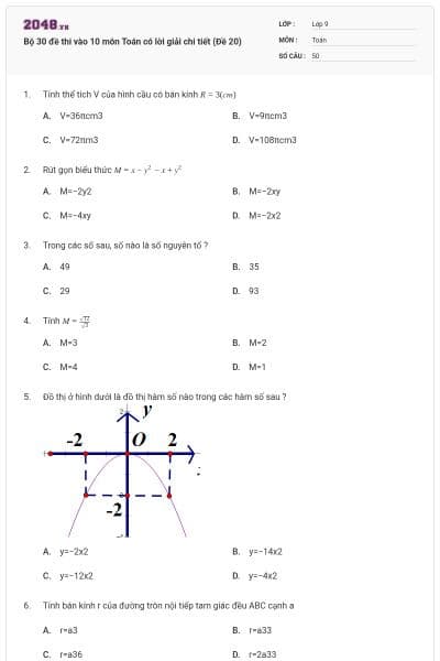 Bộ 30 đề thi vào 10 môn Toán có lời giải chi tiết (Đề 20)